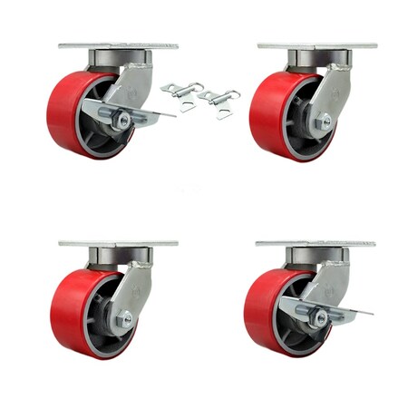 Service Caster 6'' Heavy Duty Red Poly on Cast Iron Caster Set 2 Swivel Lock 2 Brakes, 4PK CRAN-SCC-KP92S630-PUR-RS-BSL-2-SLB-2